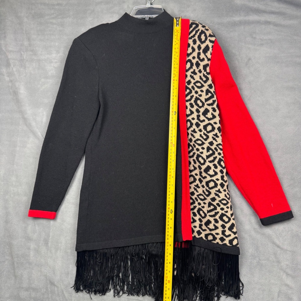 Lillie Rubin Vintage Leopard Colorblock Fringe Knit Tunic Dress Red Black Sz 14 - Picture 6 of 8